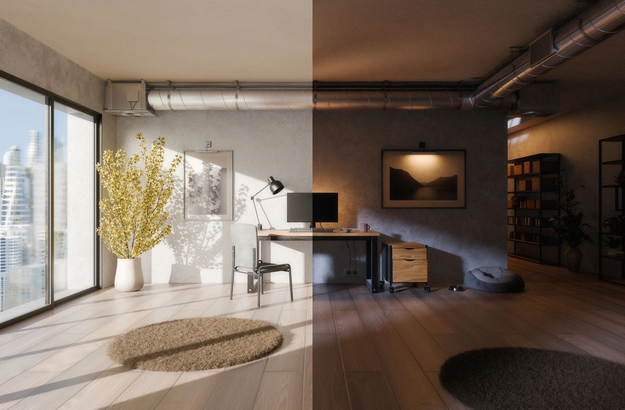 Modern minimalist workspace shown in day and night split screen
