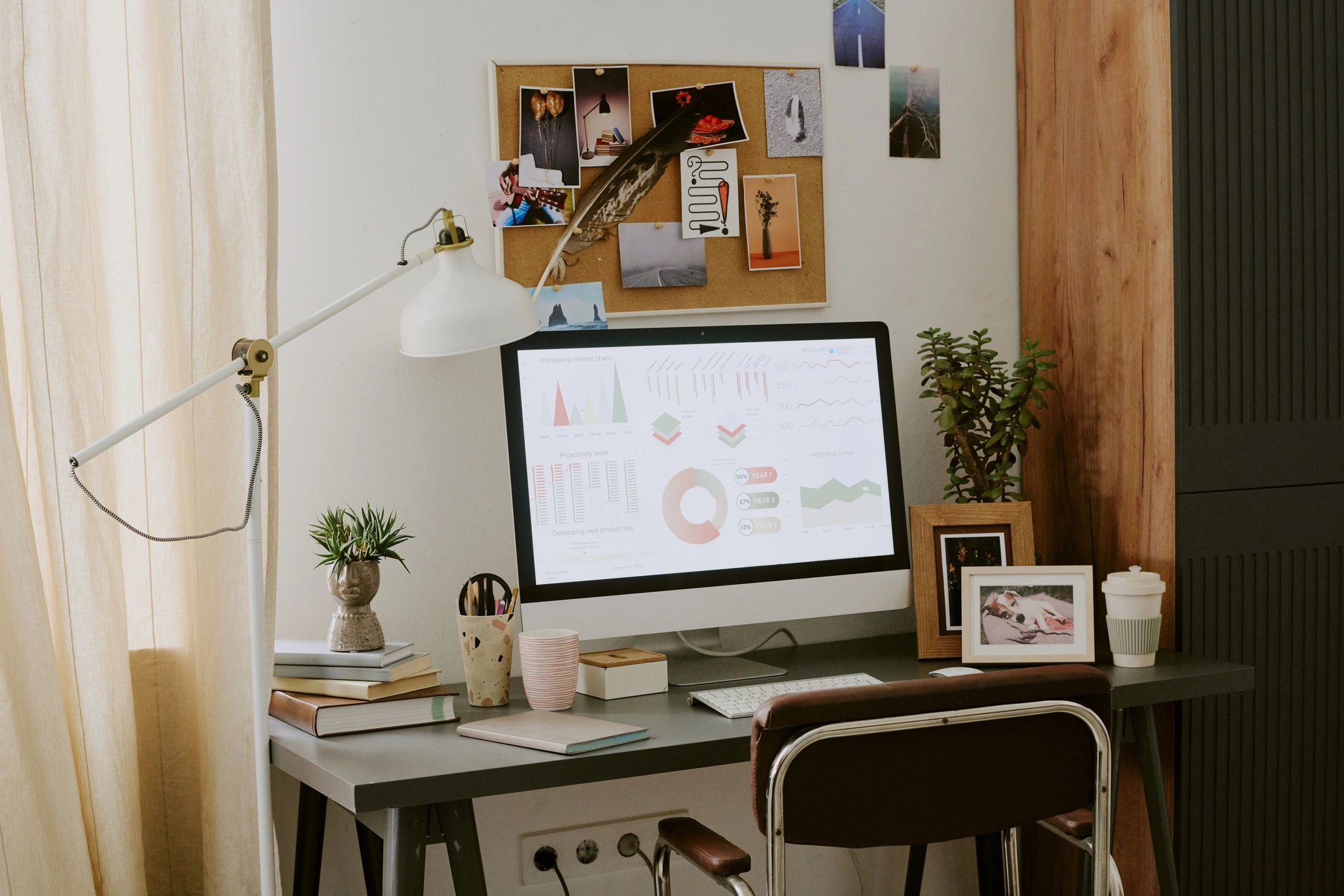 Home office workspace with analytics dashboard
